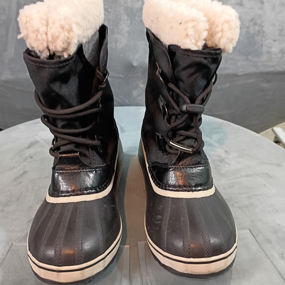 Sorel Caribou Winter Waterproof Snow Boots Black White Faux Fur Trim